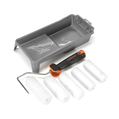 Edward Tools 7 Piece 4” Paint Roller Kit - Includes Acrylic, Polyester and Foam Covers - Deluxe Plastic Paint Tray - Ergo-Grip Frame with Rubber Handle