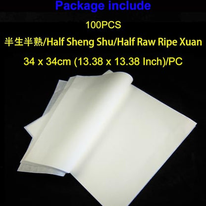 KYMY Chinese/Japanese Calligraphy Paper 100PCS, Sumi/Rice Paper for Writing Painting Drawing Practice, Chinese Brush Ink Xuan Paper, Half Sheng Shu (Half Raw Ripe) (34 x 34 cm (13.38 x 13.38 Inch)) - size: Half Sheng Shu(Raw Ripe)-34 x 34 cm (13.4x13.4in)