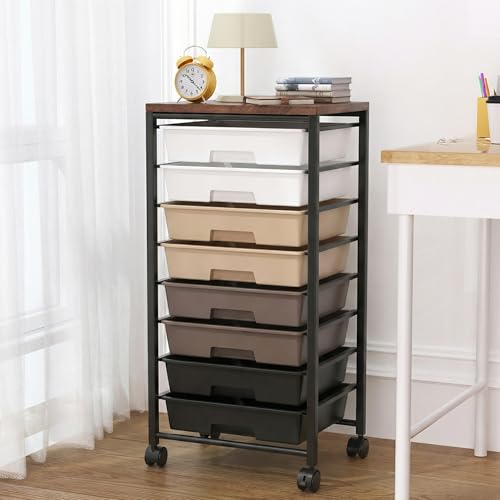 Rolling Cart with 8 Drawers, Storage Drawers Cart with Wooden Tabletop and Lockable Wheels, Craft Storage for Living Room, Office, Classroom, Craft Room, Bedroom (Brown) - color: Brown