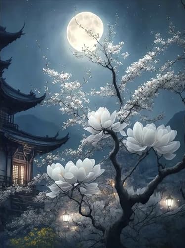 COHAYISY White Magnolia Flowers 5D Diamond Art Painting for Adults Full Drill Round Diamond Paint by Number Kits for Beginners Gems Cross Stitch for Wall Decor 12X16 in - color: 26-67 White Magnolia Flowers