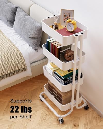 Pipishell 4 Tier Metal Rolling Utility Cart with 2 Lockable Wheels, White | 360° Rotating Wheel, Heavy-Duty Steel, Sturdy Dual Columns, Ventilated Mesh, Hold 22 lbs per Shelf, for Kitchen & Living Room - color: White, size: 4 Tier