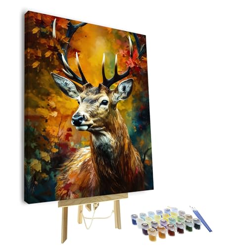 TUMOVO Paint by Numbers Kit for Adults Beginner - Majestic Deer with Antlers in Autumn Forest, Fall Foliage Landscape Painting by Numbers for Relaxation - 16x20 Inch(Framed) - color: Deer(Framed)