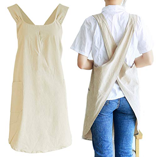 NEWGEM Japanese Cotton Linen Cross Back Cooking Apron for Women Men with Pockets Cute for Baking Kitchen - color: 06 - Women's Khaki