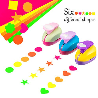CHENGU Hole Punches 6 Shapes with Cardstock for Kids,Multiple Styles,1 Inch | Paper Punchers Ideal for Scrapbooking Card Making, Star Heart Circle Flower Shapes, Safe Design, Classroom Craft Supplies - size: 1 Inch, style: Multiple styles