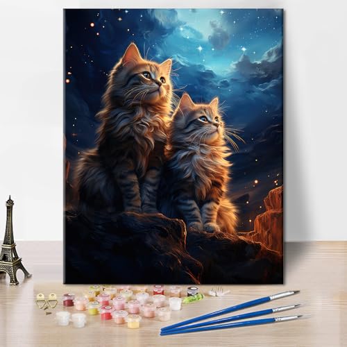 TUMOVO Two Cats and Night Sky Paint by Numbers Craft Kit for Adults | Animals Art on 16x20 Inch Unframed Canvas with Acrylic Paints and 3 Brushes Relaxing DIY Craft and Wall Decor - color: Cat