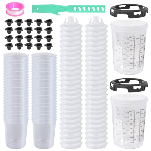 Disposable Paint Cups For Spray Gun, 6oz 125-Micron Mixing Cup With Lids | Fulchron 50PCS Paint Cup Liners with Lids, 2 Hard Cups & Adapters, Ideal for HVLP/LVLP Spray Gun 360° Spray & Less Cleanup - size: 6 ounce