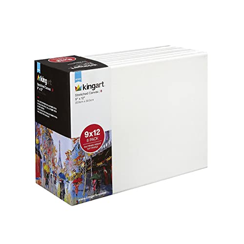 KINGART Stretched White Canvas Set – Rectangle, 9x12 Inch, 8-Pack – 100% Cotton, Triple Gesso Primed – 5/8" Profile Back-Stapled Artist Boards for Acrylic, Oil, Pouring, & Mixed Media Painting - size: 9" x 12"