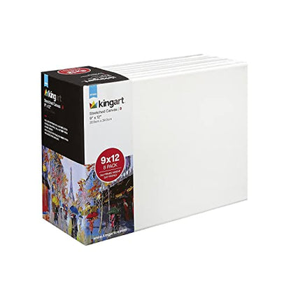 KINGART Stretched White Canvas Set – Rectangle, 9x12 Inch, 8-Pack – 100% Cotton, Triple Gesso Primed – 5/8" Profile Back-Stapled Artist Boards for Acrylic, Oil, Pouring, & Mixed Media Painting - size: 9" x 12"