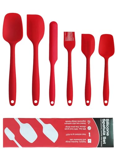 6 Pieces Silicone Spatula Set - Heavy Duty Kitchen Cooking Serving Utensils, Non-Stick Silicone Cooking Utensils Set, Kitchen Utensil Set with Oil Brush, Jar Spatula & Mini Spatulas (Red) - color: Red