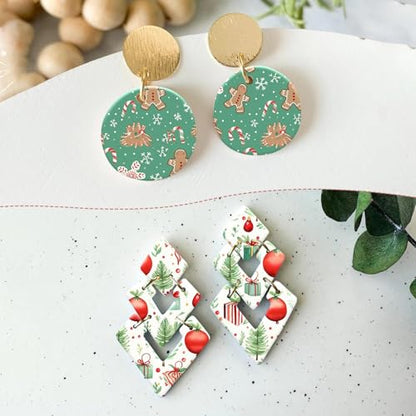 15 Pcs Christmas Transfer Paper for Polymer Clay, Xmas Trees, Snowman, Poinsettia，Jingle Bells, Gingerbread Water Soluble Transfer Sheets for Polymer Clay DIY Art Jewelry Earrings Making 5.82X3.93in