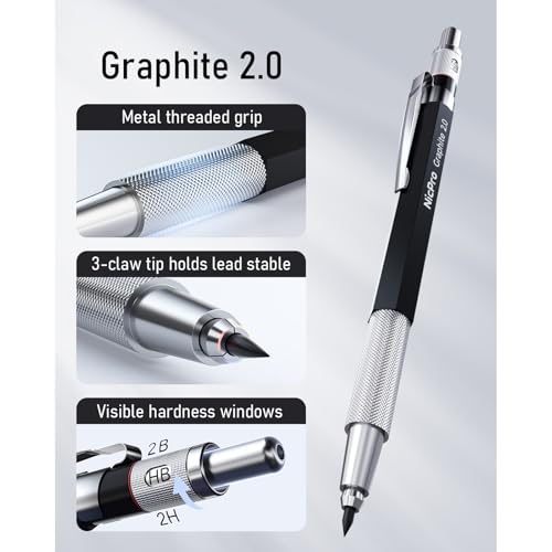 Nicpro 2mm Metal Mechanical Pencil Set with Case, 2PCS | Lead Pencil Holder 2.0 mm+120PCS Lead Refills (4H 2H HB 2B 4B Color), 2mm Pencils for Drafting Writing Drawing Sketching - size: 2 Pack