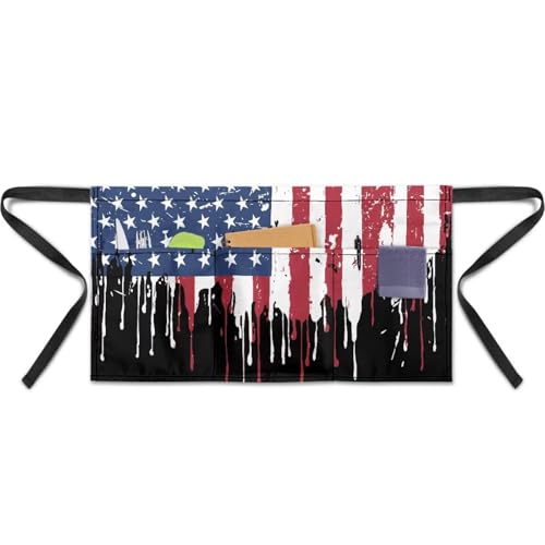 Waist Apron with 3 Pockets Waterproof 13 Inch Short Half Waist Aprons Women Men Server Aprons Waitress Waiter Apron - color: American Flag