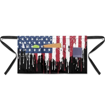 Waist Apron with 3 Pockets Waterproof 13 Inch Short Half Waist Aprons Women Men Server Aprons Waitress Waiter Apron - color: American Flag