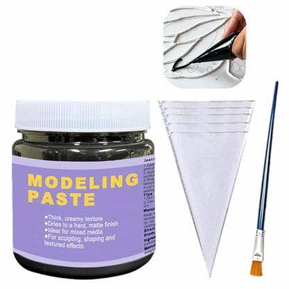 10.56oz/ 300ml Black Modeling Paste & Piping Bags & Brush, 3D Art Texture Paste Fast Drying, High Density Acrylic Medium for Acrylic Painting, DIY Crafts Projects, Sculpture/Wood/Glass/Stone/Canvas - color: Black Modeling Paste + 5pcs Bags+ 1pc Brush