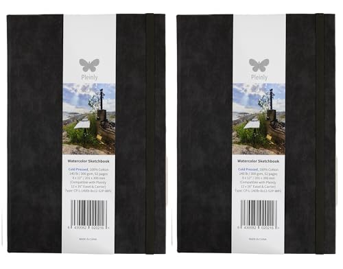 Pleinly 100% Cotton Watercolor Sketchbook Journals – 2 Pack Cold Press, 8x12” Large, 140lb (300gsm), 26 Sheets Each, Portrait, Type-L Paper with Internal & External Sizing, Hard Cover, Lay Flat - size: Cold Pressed 12x8" Type L (2 pcs)