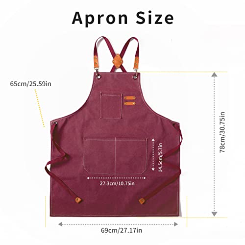 Tosewever Canvas Cross Back Chef Cotton Aprons for Men Women with Large Pockets - color: Dark Red