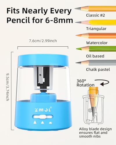 ZMOL Electric Pencil Sharpener, USB or 2 AA Powered,6-8mm,Blue | Suitable for Colored Pencil No.2,Fast Sharpening,3 Modes,Tungsten Steel Blade Holder, Portable for Classroom Office Home - color: Blue