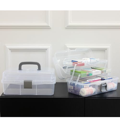 2-Tier Trays Clear Gray Plastic Storage Container Organizer Box, Multipurpose Portable Carrying Case with Latch Lock and Handle for Art, Craft, Sewing Supplies, First Aid, Makeup