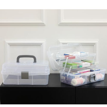 2-Tier Trays Clear Gray Plastic Storage Container Organizer Box, Multipurpose Portable Carrying Case with Latch Lock and Handle for Art, Craft, Sewing Supplies, First Aid, Makeup