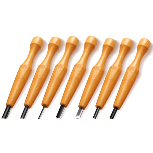 Lasnten 7 Pcs Wood Carving Tools Set Linoleum Hand Wood Knife Chisels Flat V-shaped Half Round Angled Gouge Carving Kit for DIY Linocut Printmaking Woodblock