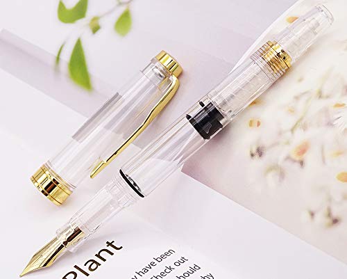 Lanxivi Yongsheng 3011 Demonstrator Clear Classical Fountain Pen Fine Nib Arrow Clip, Piston Filling System, Gold Trim, Set of 4 Pieces in transparent Color - color: 3011, F