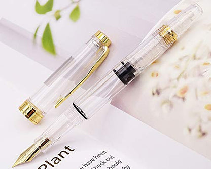 Lanxivi Yongsheng 3011 Demonstrator Clear Classical Fountain Pen Fine Nib Arrow Clip, Piston Filling System, Gold Trim, Set of 4 Pieces in transparent Color - color: 3011, F
