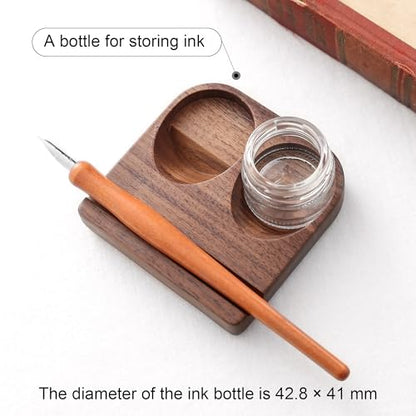 Wooden Calligraphy Brush Holder with Glass Inkwell Container, Set with Angled Tip Holder Base (Upgraded Two Glass Ink Holders) - style: Upgraded Two Glass Ink Holders