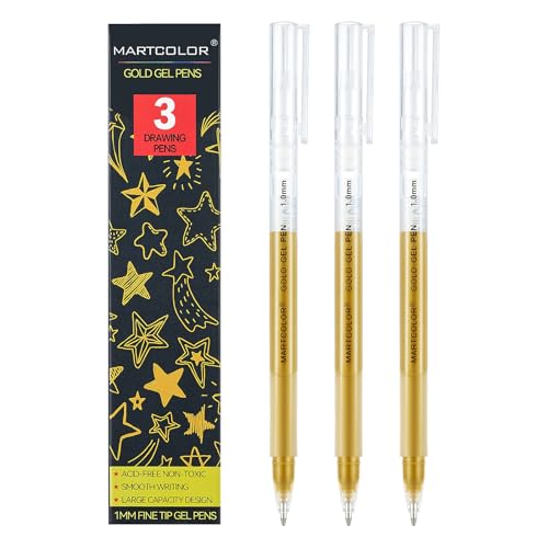 MARTCOLOR 3 Pack Gold Gel Pens,1.0mm Extra Fine Point Gel ink Pens | Opaque Archival Ink Pen for Black Paper Drawing, Art Highlight, Illustration, Bullet Journaling, Card Making & DIY Projects - color: Gold