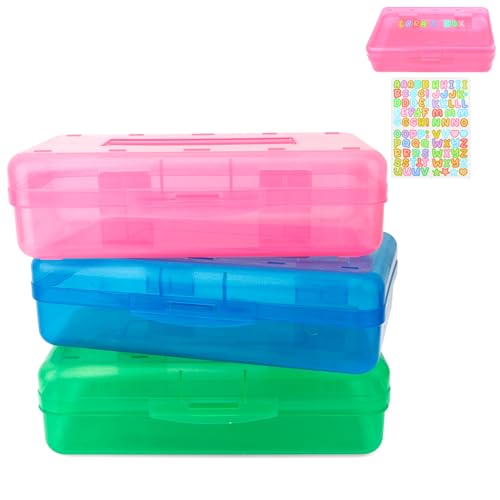 Blue Pink Green Hard Pencil Case Plastic Clear Pencil Box Crayon Box Organizer 3 Pack Office Supplies Storage Container Organizer Boxes for Pens Crayon School Stylish Office Supplies Storage Medium - color: Pink Blue Green