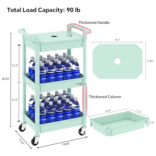 Steehoom 3-Tier Utility Rolling Cart with Cover Top Board, Mobile Utility Cart with Lockable Casters Multi-Functional Storage Trolley for Office, Bathroom, Kitchen, Garden, Laundry Room (Green) - color: Green, size: 3-Tier