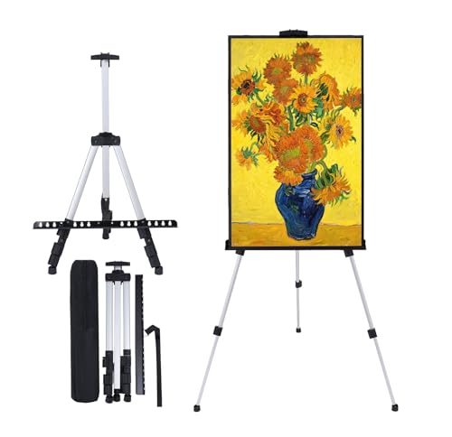 MXG Aluminum Art Easel,Professional Display Easel for Painting & Sign | 17-61 Inch Height Adjustable Tabletop & Floor standing tripod 25lb Capacity for Canvas,Whiteboard,Home & Office,Silver - color: Silver