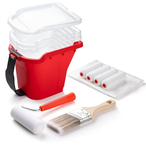 Mister Rui Handheld Paint Bucket and 4 Inch Roller Kit, 12 Piece | Handheld cup with magnetic holder & no-drip edge. Includes 4" foam roller, 2" brush, 2 liners. For corners & detail work - size: 4 Inch 12Pack