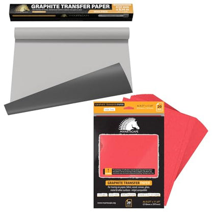 MyArtscape Graphite Transfer Paper Roll 17" x30ft & 20 Red Sheets Bundle, Wax-Free, Erasable, Smudge-Free, Ideal for Drawing, Tracing, Arts & Crafts