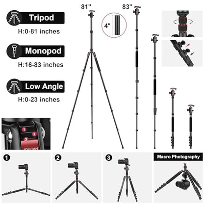 JOILCAN 81" Tripod for Camera Phone, 83" Aluminum Camera Tripod Monopod | Tall DSLR Tripod with 360° Ball Head, Heavy Duty Travel Tripod for Binoculars Spotting Scope Telescope, Payload 35lb - color: Rose