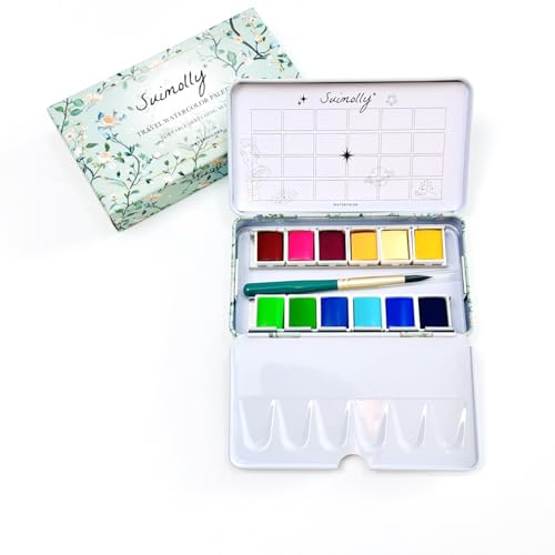 Watercolor Paint Set, 12 Colors Half Pans with Brush, Travel Portable Metal Tin Palette for Adults and Artists (Common colors) - color: Common colors