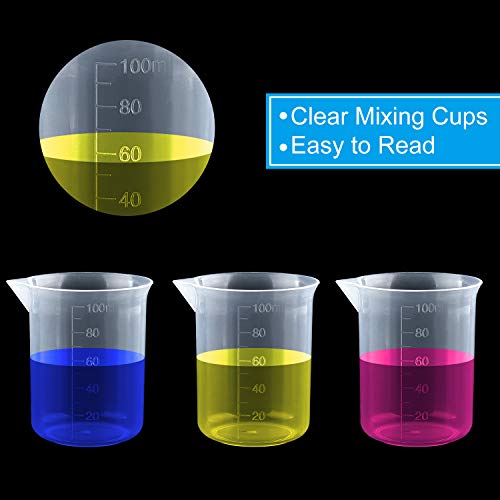 Coopay 12 Pack 100ml/3.4oz Plastic Beakers Epoxy Mixing Cups, Plastic Graduated Cups Clear Multipurpose Measuring Cups with 50 Pack Wooden Stirring Sticks for Resin, Epoxy, Stain, Mixing Paint - size: 100ml