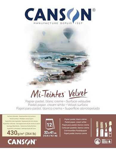 Canson Mi-Teintes Velvet Drawing Paper Pad, Cream White, Glue Binding, (260lb/430g), 12 Sheet, 12.6x16.1 inch, 1 Count - color: Cream White, size: 32x41cm