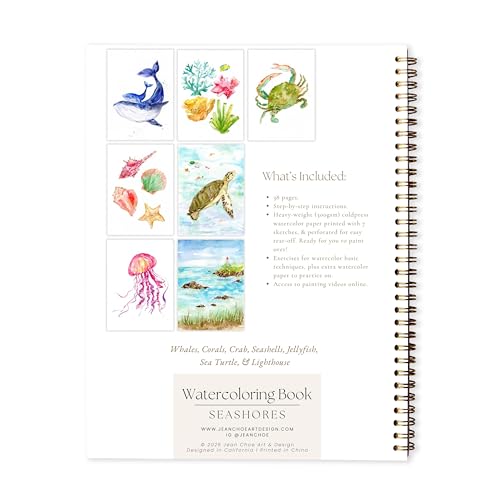 Seashore Watercolor Workbook – Ocean & Coastal Scenes with Pre-Outlined Pages, Step-by-Step Tutorials & Premium Cotton Cold Press Paper – Learn Watercolor for Beginners & Sea Life Art Lovers - style: Seashore