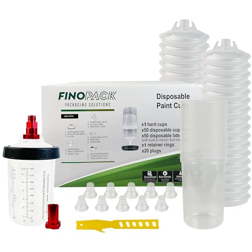ENDOZER Disposable Paint Cup 50 Pack 13.5 Ounce(400ML) Mixing Cups for Automotive Spray Gun with 50 Liners and Lids System, 1 Hard Cup with Retainer Ring, 20 Plugs, 2 Adapters for Paint Gun - color: Dis-400ml-50pcs