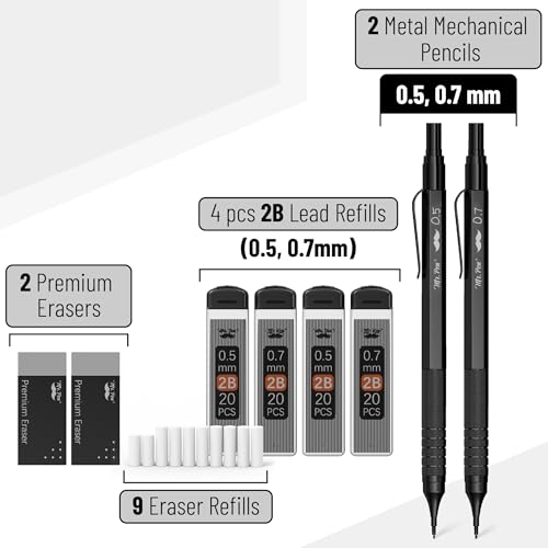 Mr. Pen- Metal Mechanical Pencil Set with Lead Refills & Erasers, 2 Pack | 2 Sizes, 0.5 & 0.7mm, 4x Tubes 2B Lead Refill, 2x Erasers for School Supplies, Note Taking, Drawing, Fathers Day Gift