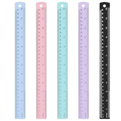 5 Pack Metal Ruler 12 Inch, Stainless Steel Ruler Kit with Centimeters, Millimeters, Inches and Conversion Table for Office and School, Easy to Read Metric Rule Set