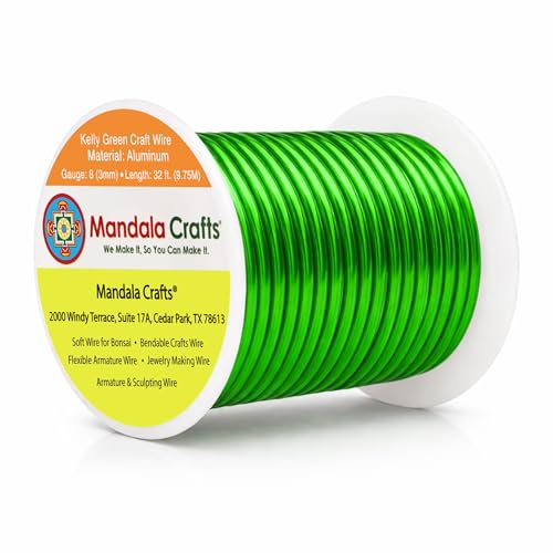 Mandala Crafts 8 Gauge Anodized Aluminum Craft Wire for Jewelry Making - 32 FT Colored Flexible Kelly Green Wire - Bendable for Bonsai Armature Crafting Sculpting - color: Kelly Green, size: 8 Gauge