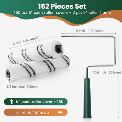 Paint Roller Covers, 150 Pack, 6 Inch, 3/8 Inch Nap | 6 Inch Microfiber Sleeves, 2 Anti-Rust Metal Frames Included, Ideal for Wall & Furniture Painting - size: 6 inch paint roller 150 pack