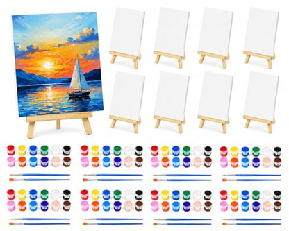 8 Pack 8 x 10 Inch Canvas Boards for Painting, Art Canvas Bulk for Drawing with Paint Brushes & 12 Colors Acrylic Paint, Mini Painting Canvas with Easel Set, Painting Kits for Adults Party Supplies