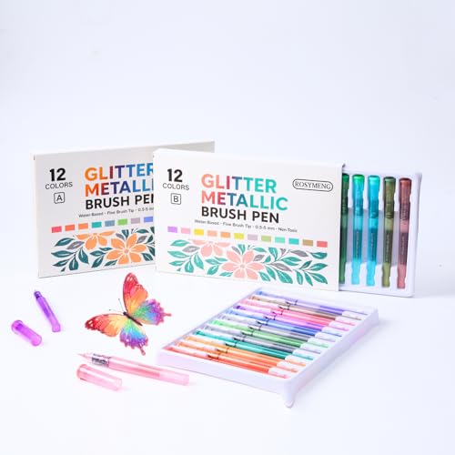 ROSYMENG 12 Colors Glitter Paint Pens, Extra Fine 0.05mm Metallic Brush Pen | Water‑Based, Smooth Ink Flow, Great for Adults DIY Crafts, Greeting Cards, Journaling, Drawing, Scrapbooks -Style A - color: 12 Colors (Style A)