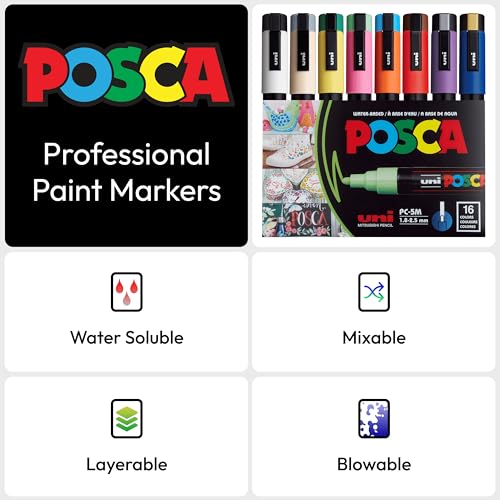 POSCA® PC-5M Paint Markers, 16 Count Medium Reversible Tip Set (1.8–2.5 mm) - size: 1 Count (Pack of 1), style: Round Tip