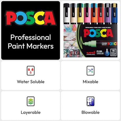 POSCA® PC-5M Paint Markers, 16 Count Medium Reversible Tip Set (1.8–2.5 mm) - size: 1 Count (Pack of 1), style: Round Tip