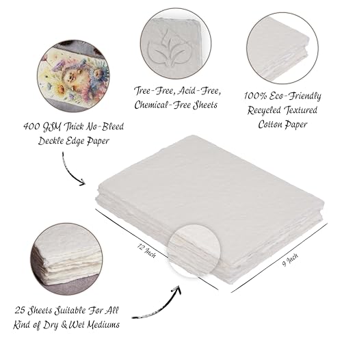 Leather Village Watercolor Paper 13''x9.5'', 400 GSM Cotton, 25 Sheets White - size: 13.5 inches X 9.5 inches