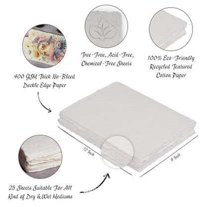 Leather Village Watercolor Paper 13''x9.5'', 400 GSM Cotton, 25 Sheets White - size: 13.5 inches X 9.5 inches