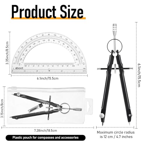 EBOOT Student Geometry Math Set, Metal Drawing Compass and 6 Inch Clear Swing Arm Protractors 180 Degree Math Protractor(Black) - color: Black